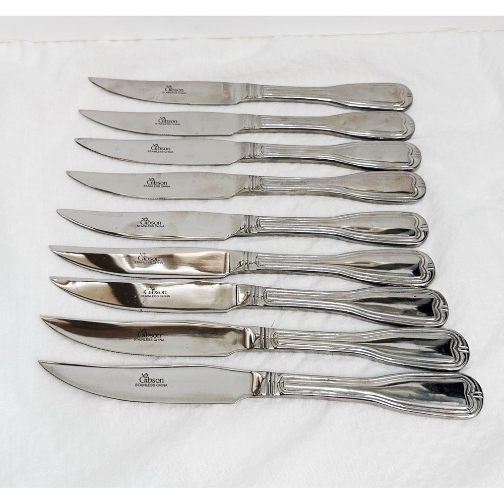 Set Of 9 Gibson Gia19 Fiddle Serrated Stainless Steak Knives 8.5"